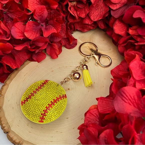 🥎Crystal & Leather Softball Keychain & Yellow Tassel - Picture 4 of 10
